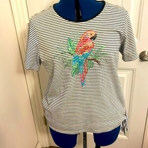 Alfred‎ Dunner women’s size M shirt S/S white black stripes parrot embroidery